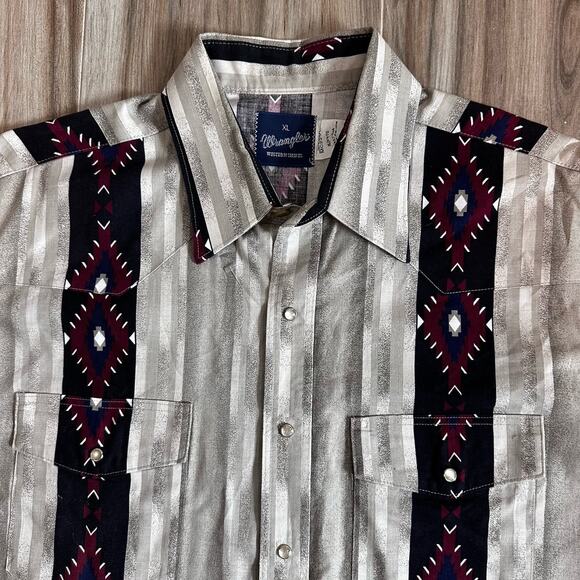 VTG Wrangler Western Shirts Red White Blue Aztec Stripe Pearl Snap XL cowboy - Picture 1 of 6